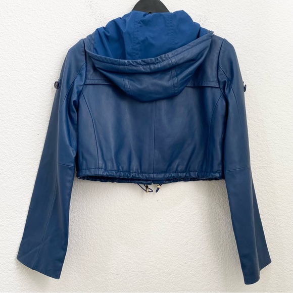 BCBGMaxAzria Blue Cropped Hooded 100% Leather Jacket Size XS - Picture 8 of 16